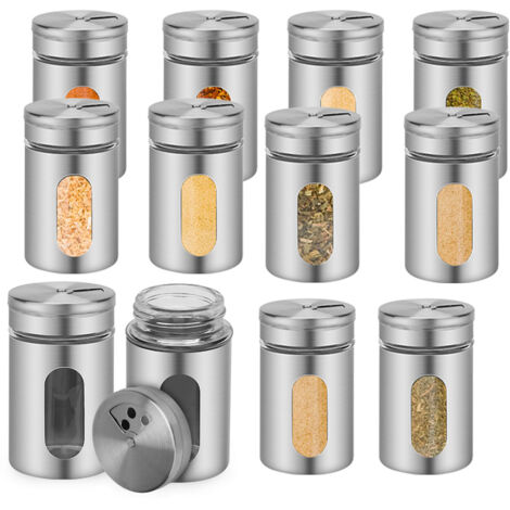 12er SetGewürzstreuer Salz & Pfeffer,80ml Glas-Gewürzgläser mit Sichtfenster & 3 Streugrößen zur Aufbewahrung von Gewürze ,Silber