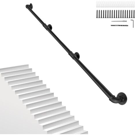 CNCEST 12FT/3.6M Pipe Stair Handrail Metal Railing Staircase Handrails Wall Mount Non-Slip Safety Stair Rail Outdoor Indoor Industrial Pipe Handrail Black Step Baluster Handrail