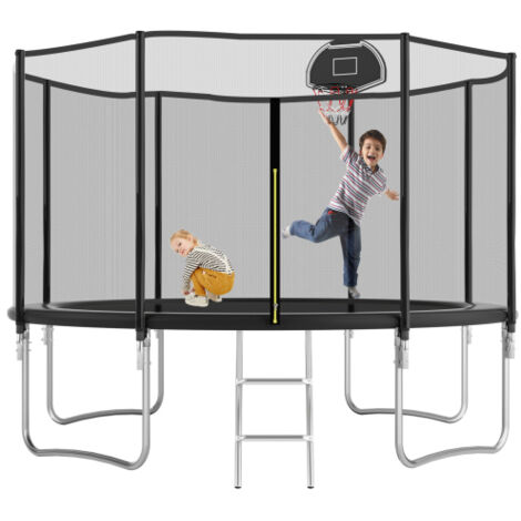12FT Outdoor Trampoline With Basketball Hoop, Garden Trampoline With Safety Net & Ladder, Available For Toddlers And Adults, Up to 150kg