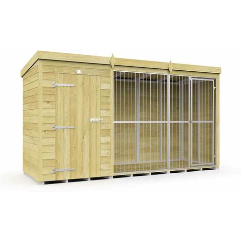 12ft X 4ft Dog Kennel and Run Full Height with Bars - Wood - L118 x W358 x H201 cm