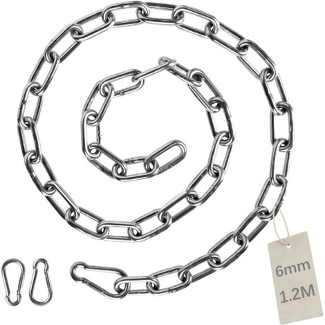 1,2M Chaîne en Acier Inoxydable φ6mm Chainette avec 2 Mousquetons, Promenade, Chaîne de Chien Chaîne De Séchage Robuste Charge Chaîne D'ancrage Chaîne Balançoire, Maximale de 400KG