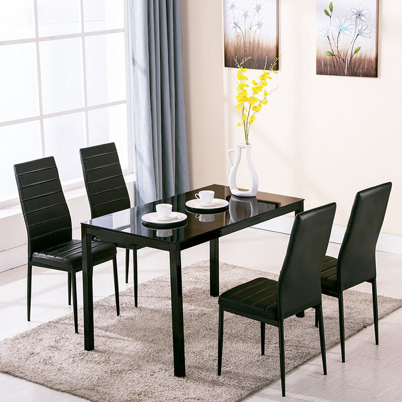 Livingandhome - 1.2M Black Glass Dining Table with Set of 4 Chairs,kitchen Table and Chairs