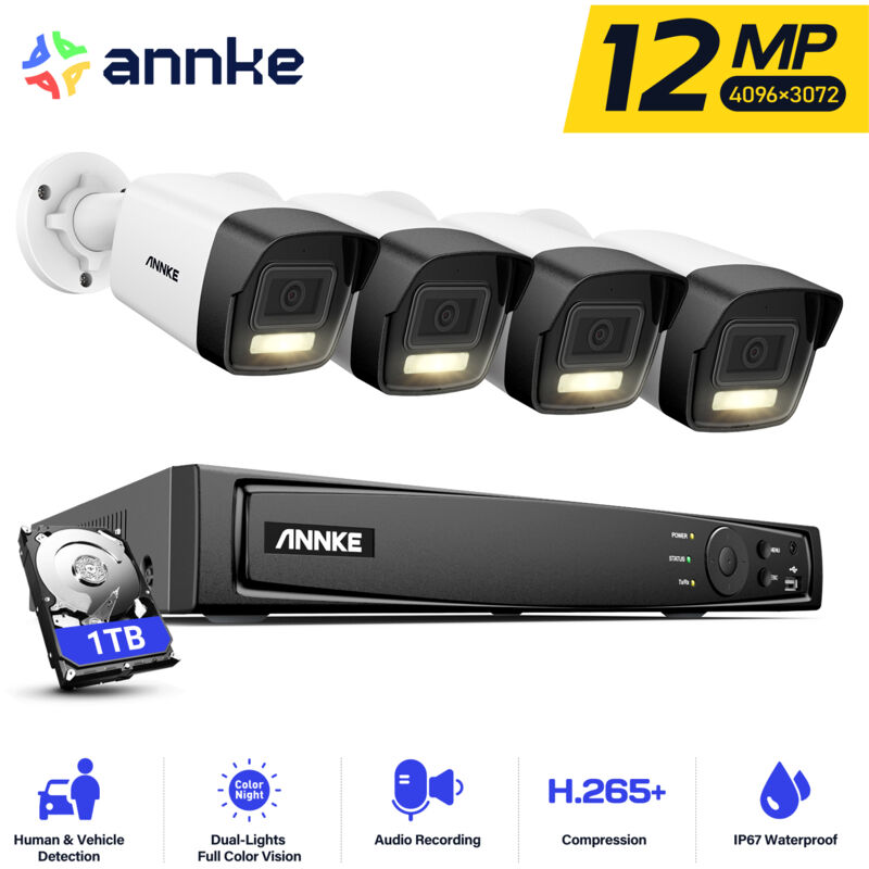Annke - 12MP Kit PoE Caméra de Surveillance Intelligent Double Lumière Détection Mouvement Kit de Surveillance cctv Sécurité Caméra Système - 1TB