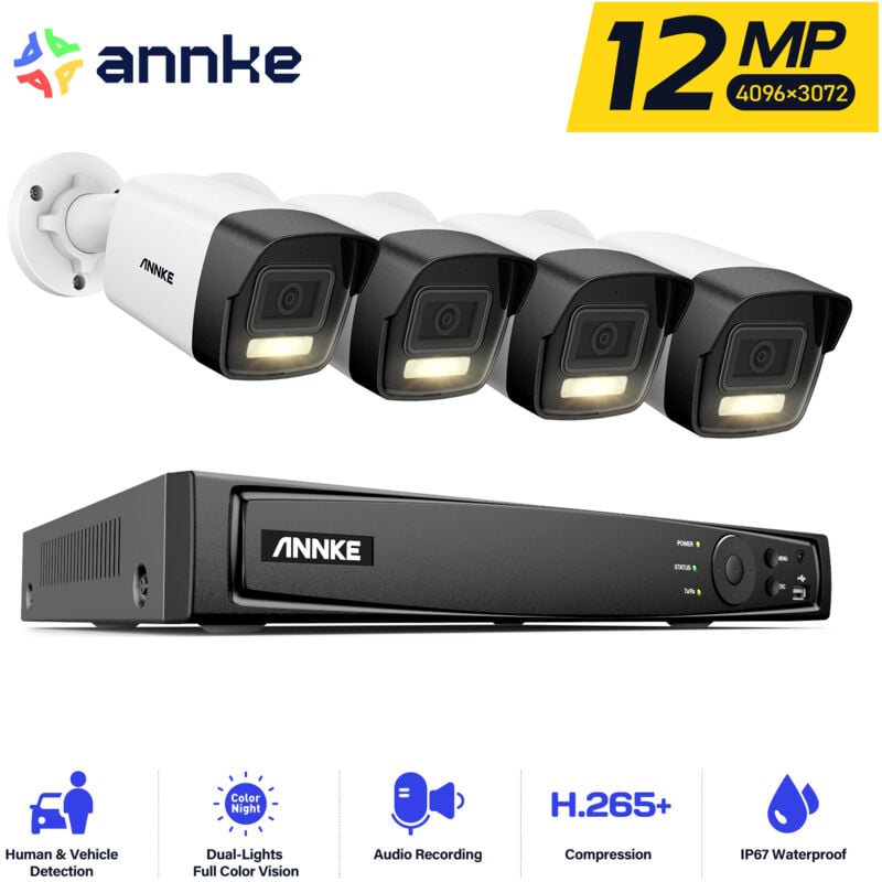 12MP Kit PoE Caméra de Surveillance Intelligent Double Lumière Détection Mouvement Kit de Surveillance cctv Sécurité Caméra Système - Annke