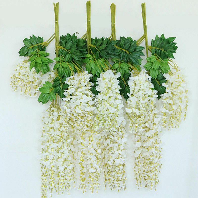 Image of Livingandhome - 12PCS Artificial Silk Wisteria Fake Flower Vine Wedding Garland Hanging Decoration, White