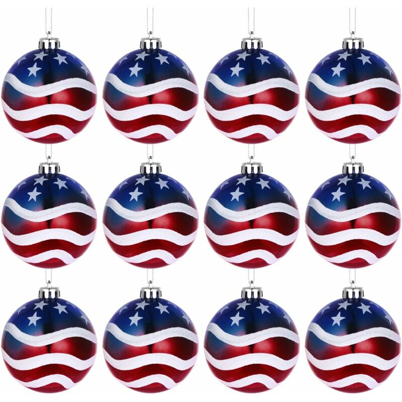 12PCS Blue Christmas Tree Ornaments Dark Red and White 4th of July 12 Days Painted Stars and Stripes 6cm Ball Pendant Mini Ball Hanging Ornament for