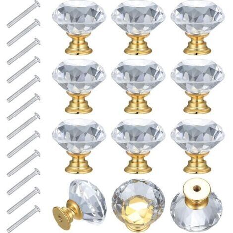 12PCS Bouton de Meuble 30mm Bouton de Tiroir Cristal Poignée Meuble Dorée, Poignées d'armoire Transparentes Poignee Placard Cuisine Bouton de Porte en Cristal