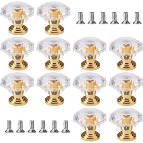 12Pcs Bouton de Porte de Cristal, Bouton de Meuble Cristal, Boutons de Portes pour Placards, 24 mm Boutons de Meubles pour Armoires