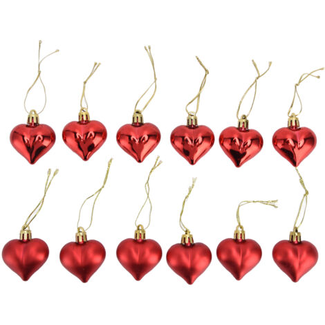 12pcs Christmas Ornament Heart Shape PVC Christmas Tree Hanging Decorations for Valentine's Day PartyRed
