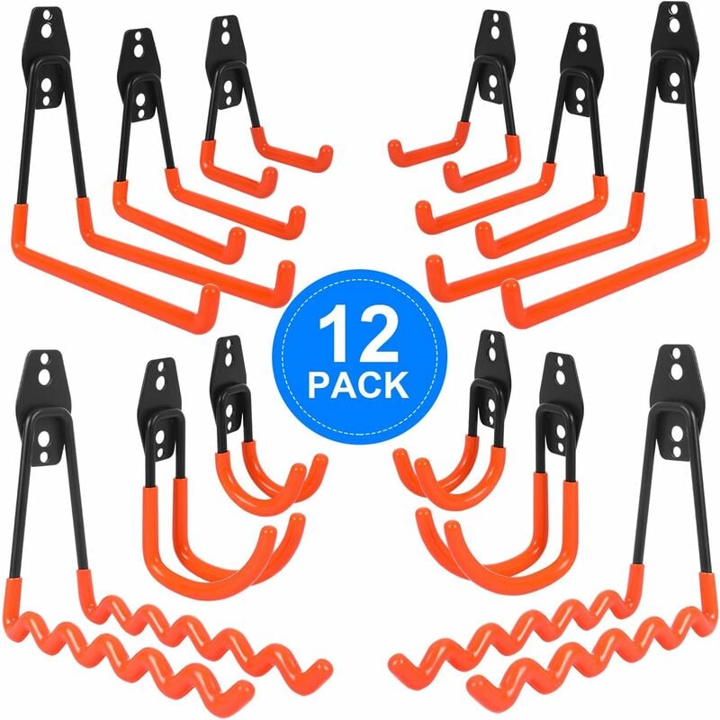 12Pcs Crochet Rangement Garage, Crochet Garage Avec Revêtement Anti-Dérapant, Crochets Muraux Garage Incluant Crochet Vague, Crochet j, Crochet