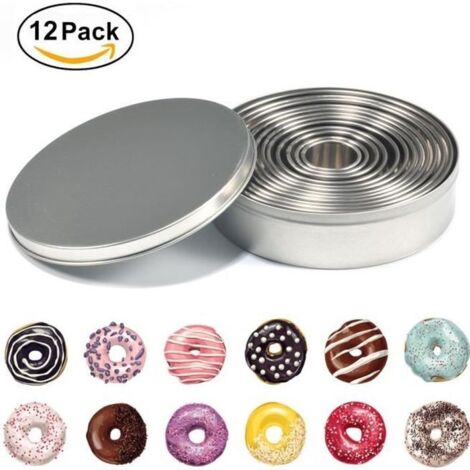 12PCS Emporte-Pièces Rond Acier Inoxydable Cercles à Pâtisserie Donut Cutter Moule pour Biscuits Pâtes à Sucre Gâteaux