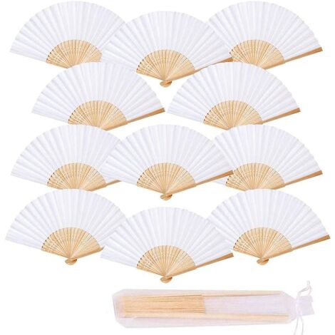 12pcs Eventail Mariage Eventail Pliant Ventilateur Bois Papier et Blanc Eventail Japonais Poche Pliante Demoiselles Cadeaux Mariage Fête Decorer Danse fête décoration DIY (Blanc)