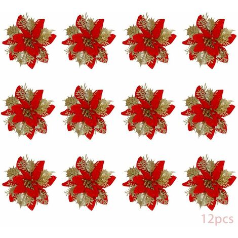 12pcs Fleur de Simulation de Noël,Fleur de Noël Poinsettia, Fleur de Noel,Decoration Noel Sapin,Fleurs de Noël Artificielles (Rouge doré)