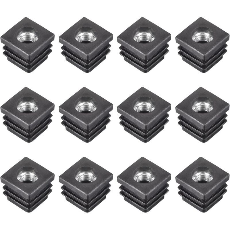 12Pcs Inserts pour Carré Tubes avec M8 Fil, Carré Noir Plastique Bouchon Roulette Insert Chaise Embouts Meuble Pieds