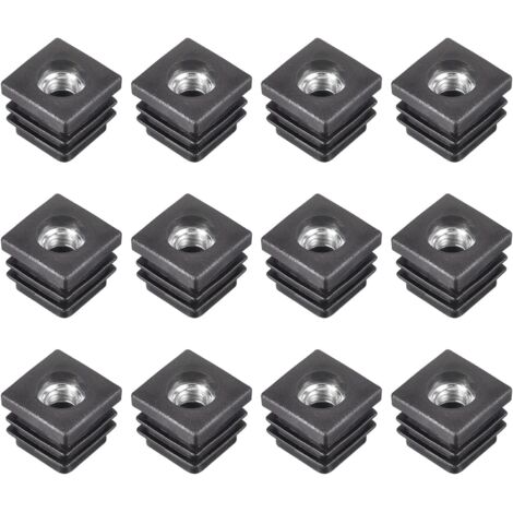 12Pcs Inserts pour Carré Tubes avec M8 Fil, Carré Noir Plastique Bouchon Roulette Insert Chaise Embouts Meuble Pieds