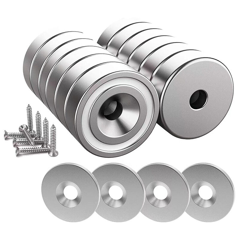 12 pieces neodymium magnets 10 kg strength 20 x 7 mm with hole and capsule, countersunk pot magnet with screws and 12 steel pads (shiny silver)