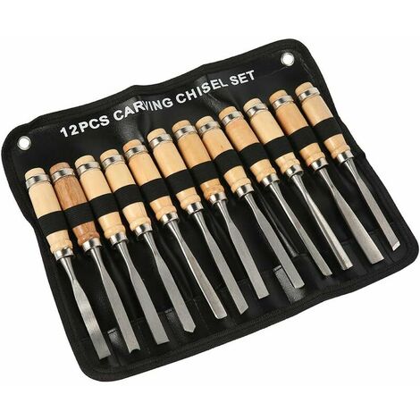 12Pcs Outils Sculpture sur Bois Jeu de Ciseaux à Bois avec Manche en Bois et Moulinet Couteau à Sculpter Outil de Sculpture sur Bois Professionnel pour Débutant Graveur Artiste Amateur
