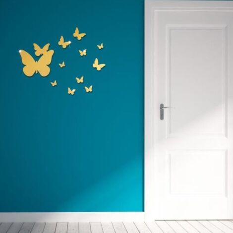 12pcs Papillons 3D Miroir Stickers Autocollant Mural Doré