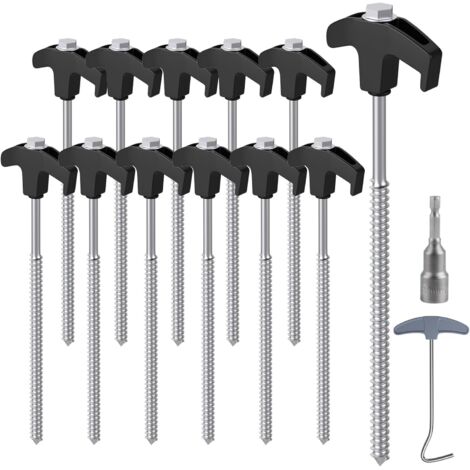 12PCS Piquets de Tente en Acier avec Foreur ＆ Arrache-Clou, 25 cm Sardines de Fixation Sardines Camping Crochets de Tente pour Surface Dure, Gazon - Noir + Argent
