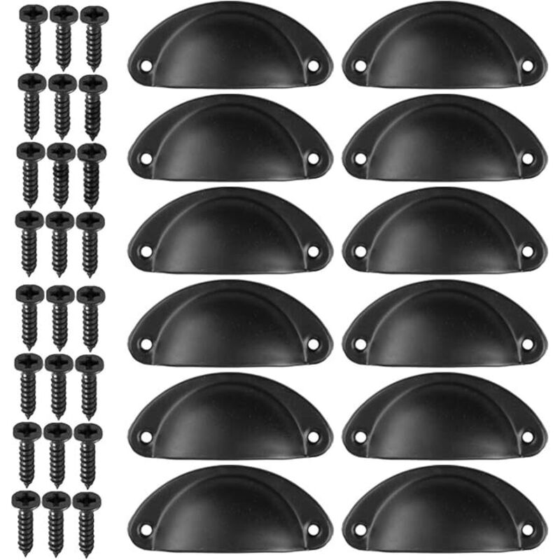 12Pcs Poignée Coquille Rétro Poignee de Meuble Vintage Bouton Tiroir Poignée avec Vis pour armoire de porte de placard de cuisine (Noir)