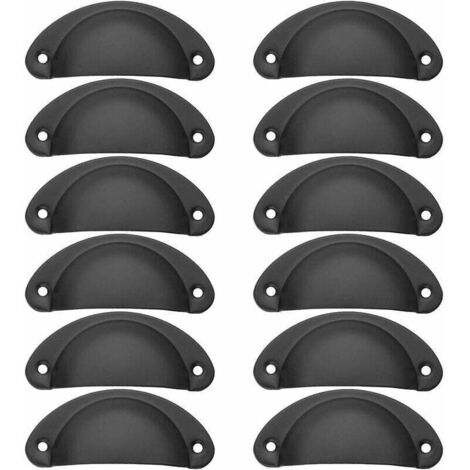 12Pcs Poignée de Coquille Vintage pour Tiroir Armoire Meuble Cuisine, Fer Incurvé Bouton de Porte de Placard Retro 8.2 cm x 3.5 cm, Poignée de Meuble avec Vis Noir
