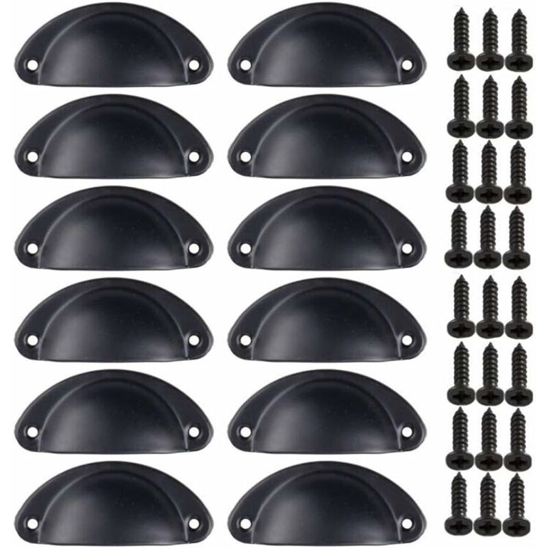 12 Poignée de Coquille Meuble Vintage pour Tiroir Armoire Meuble Cuisine Fer Incurvé Bouton de Porte de Placard Retro 8135mm Noir - Noir