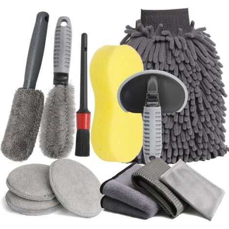 12PCS, Professionnel Microfibre Lavage Voiture Nettoyer Kit, Brosse de Roue et de Jante, Chiffons de Nettoyage Gants de Lavage, éponge