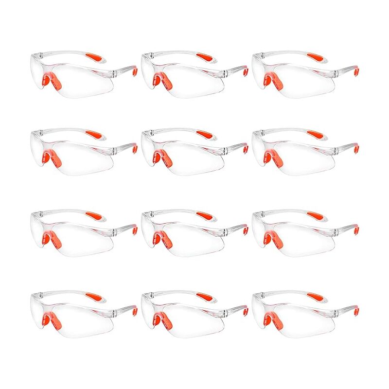 12pcs Safety Glasses Clear Protective Over-Glasses with Plastic Lenses Nose Bridge and Rubber Temple Tips for Personal Protective Equipment pc Goggles