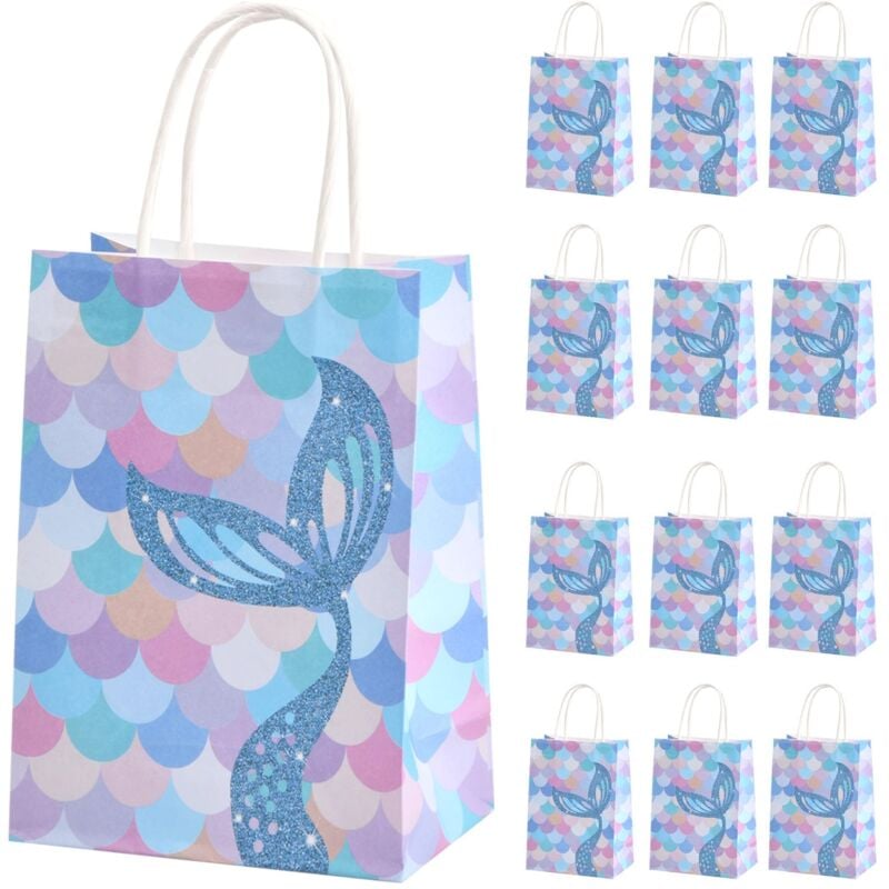 12PCS Sirène Sac Cadeau en Papier, Petit Sac en Papier Kraft avec Poigné, Sacs Cadeaux Colorés, sacs de fête pour enfants, Pochettes Cadeaux pour