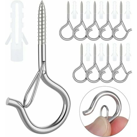 12PCS Stainless Steel Screw-in Ceiling Hooks Heavy Duty Safety Buckle with Screws for Hanging Plant Baskets Bird Feeders Lanterns