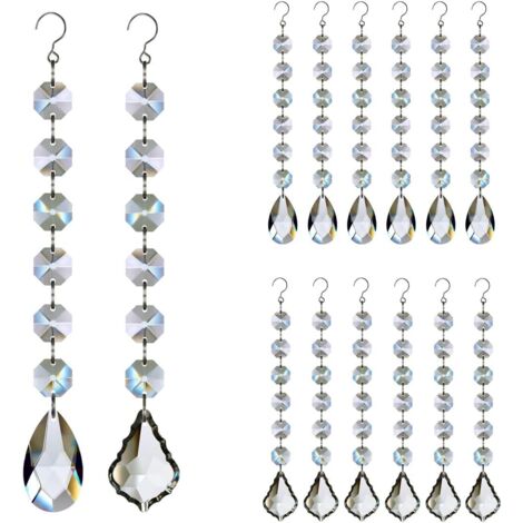 12pcs Verre Cristal Lustre Prisme Perles Remplacement, Suspendu Cristal Attrape-Soleil pour Lustre Décoration