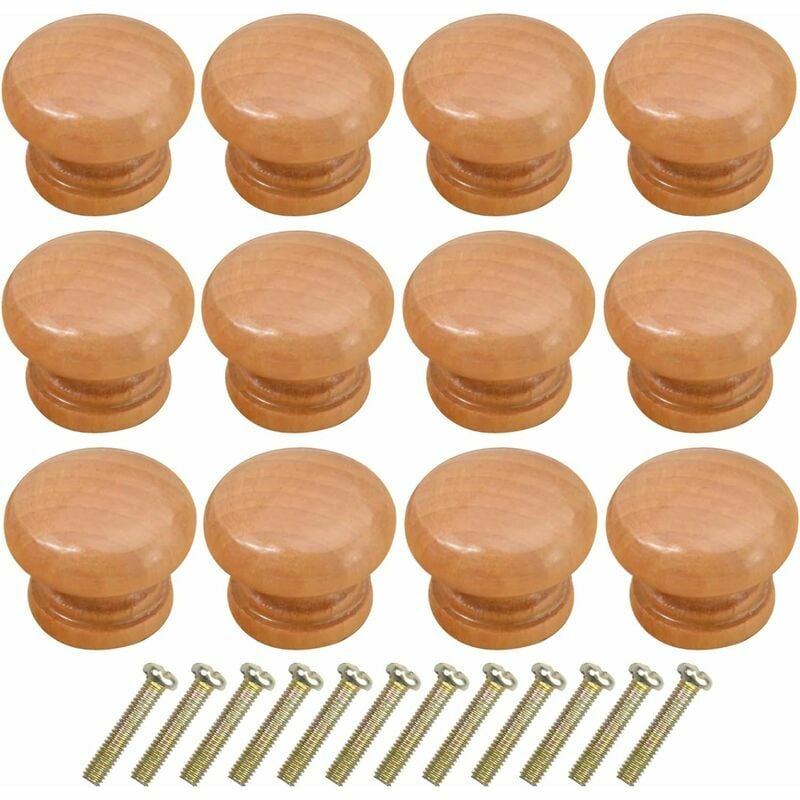 12PCS Wooden Cabinet Knobs, 33MM Round Vintage Drawer Knobs with Screws, Kitchen Cabinet Cupboard Door Drawer Pull Knob, Drawer Pull Handle, Door