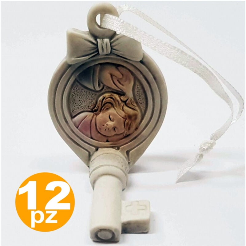 Image of Trade Shop Traesio - 12pz Bomboniera Chiave Fiocco Gancio Battesimo Bambina Sacra Simbolo Appendino -