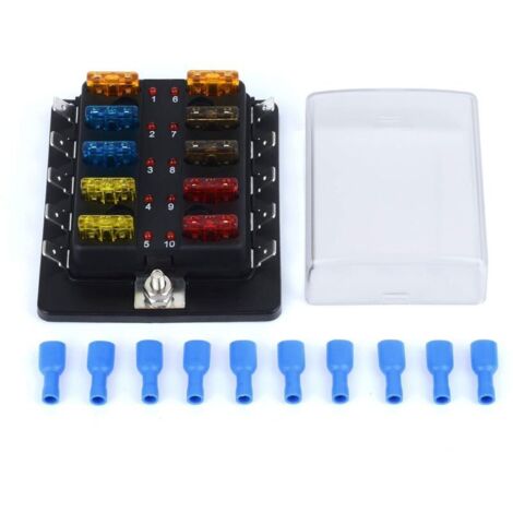 12V 10-way car fuse box with 12 ATC/ATO fuse holders (5A, 7.5A, 10A, 15A, 20A) + 10 LED display fuse sockets for cars, boats, marine, and trucks (10-way)