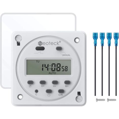 12V 16A Prise Programmateur Digital à 16 Programmes Horloge Programmable Minuteur Prise Electrique avec LCD Affichage Numérique Antivol avec Boîtier Étanche/Ensemble de Borniers de Connexion -DPZO