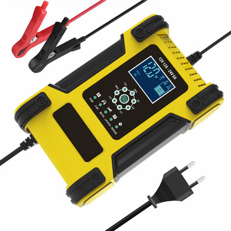 12V 24V 12A Chargeur de batterie intelligent automatique à 7 étages Chargeur de batterie de voiture multifonction Chargeur de réparation d'impulsion de charge rapide intelligent avec écran LCD numérique (Jaune)