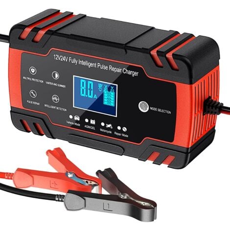 JUSCH 12V/24V 8A Intelligentes Batterieladegerät, Batterieladegerät-Wartung und automatische Reparatur, tragbare Funktion mit LCD-Display, für Auto, Motorrad, LKW, AGM, Gel, Nass, SLA (8-100 AH) (SchwarzRot