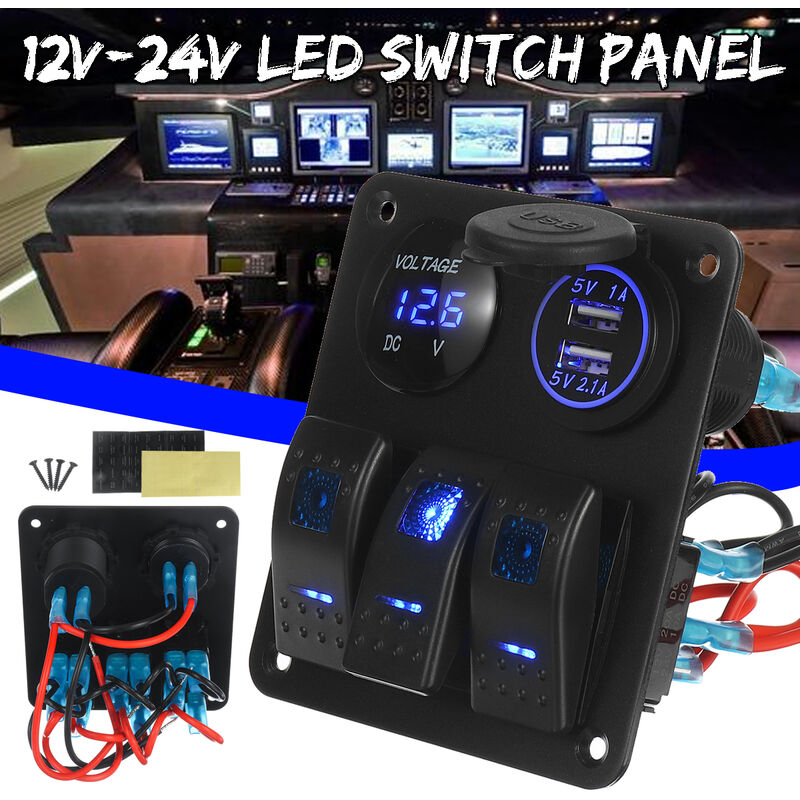 

12V-24V Coche Barco Yatch 3 Gang Panel de interruptor LED azul Panel de interruptor basculante resistente al agua con fusibles Enchufes USB dobles