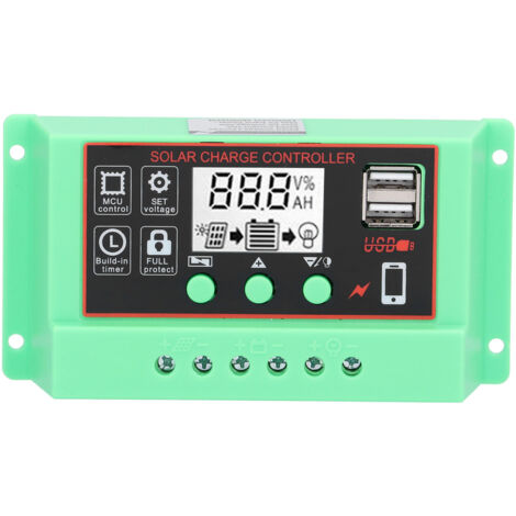 12V/24V Solarregler mit LCD-Bildschirm, USB-Anschluss und Überlastschutz – Grünes Gehäuse
