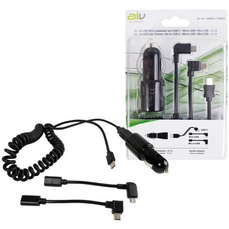 12V/24V Spiral Ladekabel 2.1A USB-C + Adapter Micro-/Mini-USB