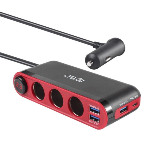 12V/24V-Zigarettenanzünder-Adapter, 18 W QC 3.0 USB-Zigarettenanzünder, mit 3 USB + Typ-C-Autoladebuchsen und 3 Zigarettenanzünderbuchsen und LED-Spannungsanzeige.