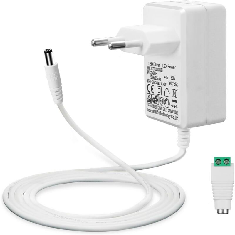 12V 2A Alimentation pour Rubans à LED, Transformateur AC 200 240V à DC 12V Pilote Adaptateur De convertisseur 24W Driver avec Câble de 5ft/1,5m,