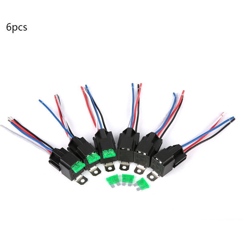 12V 30A Car Fuse Relay Switch Harness Kit, 6 Pieces, SPST 4 Pin 14 AWG, Hot Wires