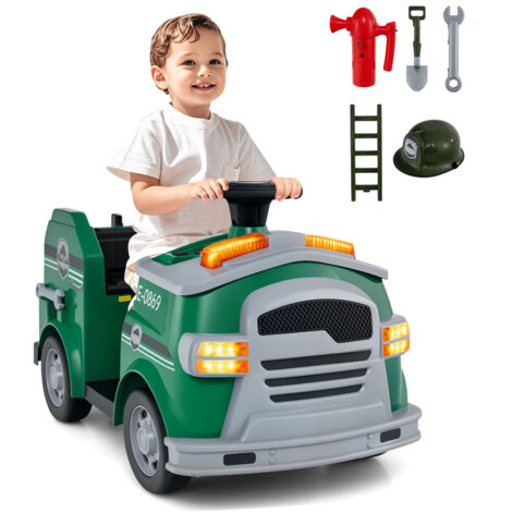 12V Camion de Pompiers Électrique Enfant avec Musique, Alarme, Klaxon, Volant & Pédale, 5 Accessoires, 2-4km/h, Charge 25kg pour Enfant 3-8 Ans, Vert
