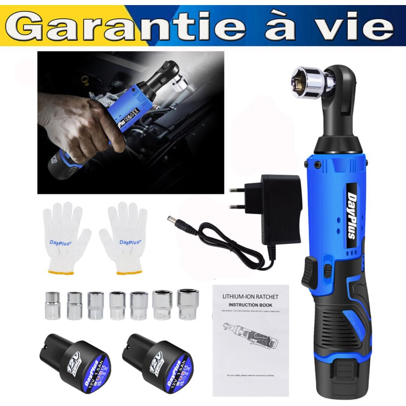 12V Clé à cliquet électrique LED 120N.m 3/8'' sans fil + 2 batterie+ 7 douilles