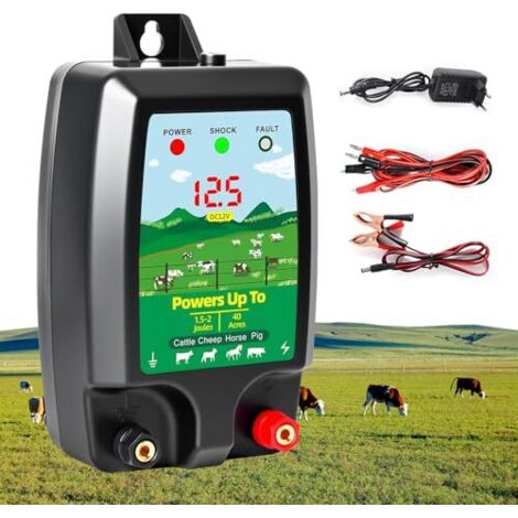 12V electric fence device with LED display, 15 km range, 2 Joules, 12 kV, for the protection of farm animals, poultry, pastures and gardens