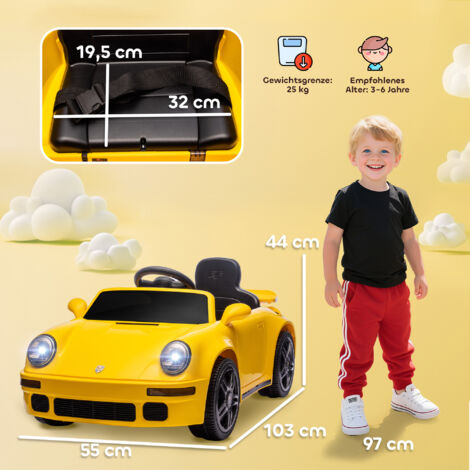 12V ferngesteuertes Elektroauto für Kinder, Sanftanlauf, eingebauter MP3-Player, LED-Scheinwerfer, Hupe und Batterie mit Anzeige, leuchtend gelbes Modell.