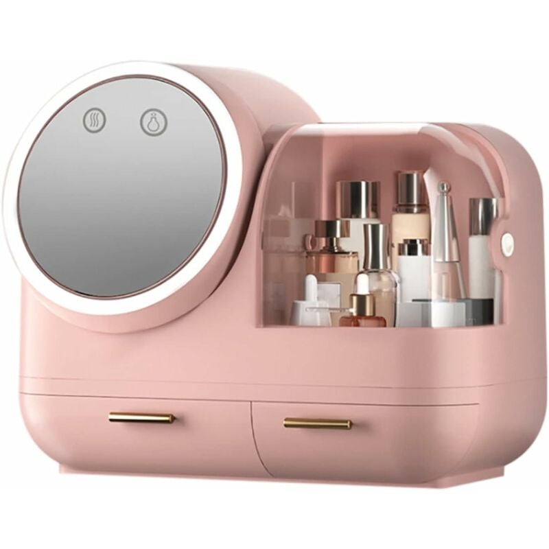 Organisateur de cosmétiques - Organiseur de maquillage - Boîte de maquillage avec miroir lumineux led - Étanche à la poussière - Rose
