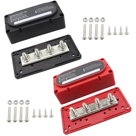 12V-Klemmenblock, Hochleistungs-Sammelschienenverteilerblock 12V-48V, mit vier M10-Schraubklemmen, 2 Stück, geeignet für Auto, Boot, Wohnwagen, Yacht usw. (Schwarz, Rot)