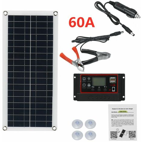 12V Portable Solar Panel Car Van Boat Caravan Camper Trickle Battery Charger(Black 60A Controller and Solar Panel)